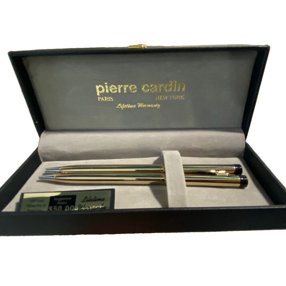 Vintage 80s Pierre Cardin 18K Gold Plated Pen & Pencil Set in The Original Box